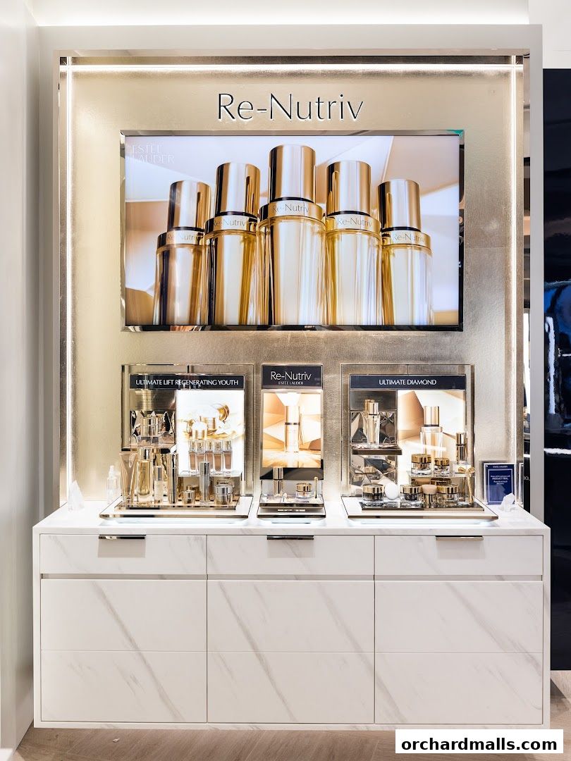 Estée Lauder Re-Nutriv display featuring luxury skincare products and elegant packaging.