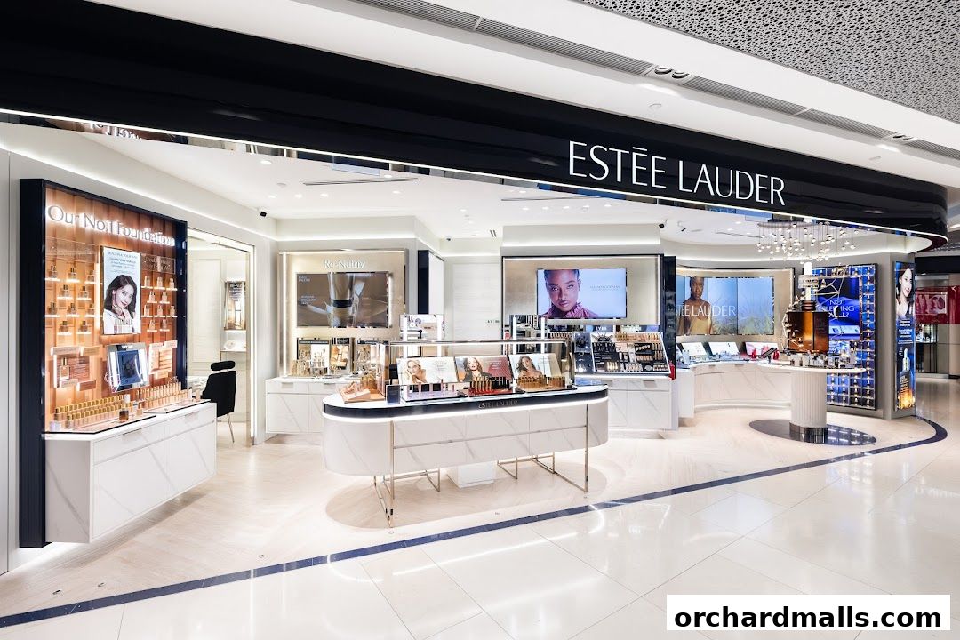 Interior view of a brightly lit Estée Lauder cosmetics store showcasing various beauty products and displays.