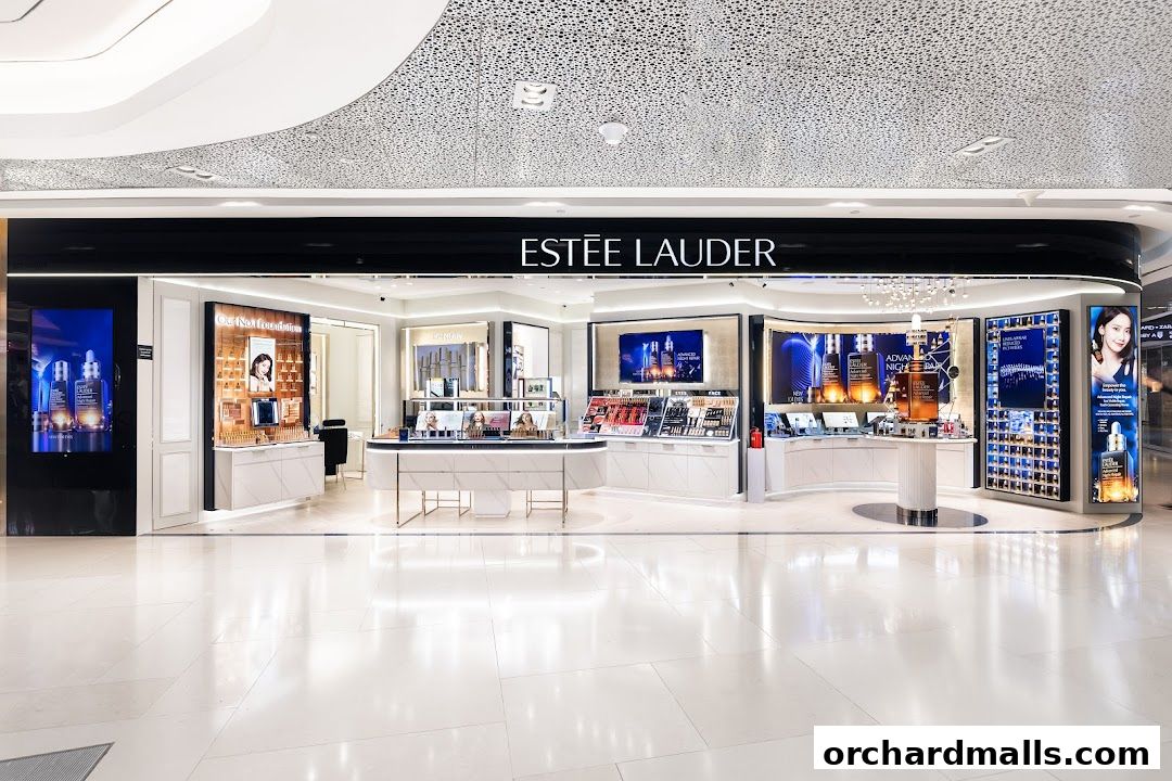 Estée Lauder store front with displays of makeup, skincare, and promotional materials.