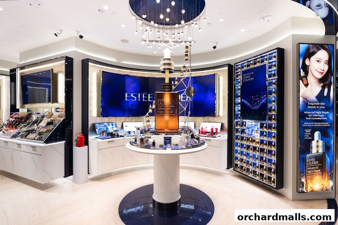 Interior of an Estée Lauder store showcasing skincare products and displays.
