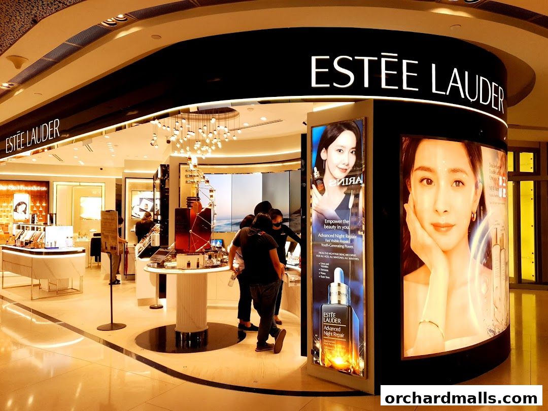 The Estée Lauder store features illuminated displays showcasing beauty products and models.
