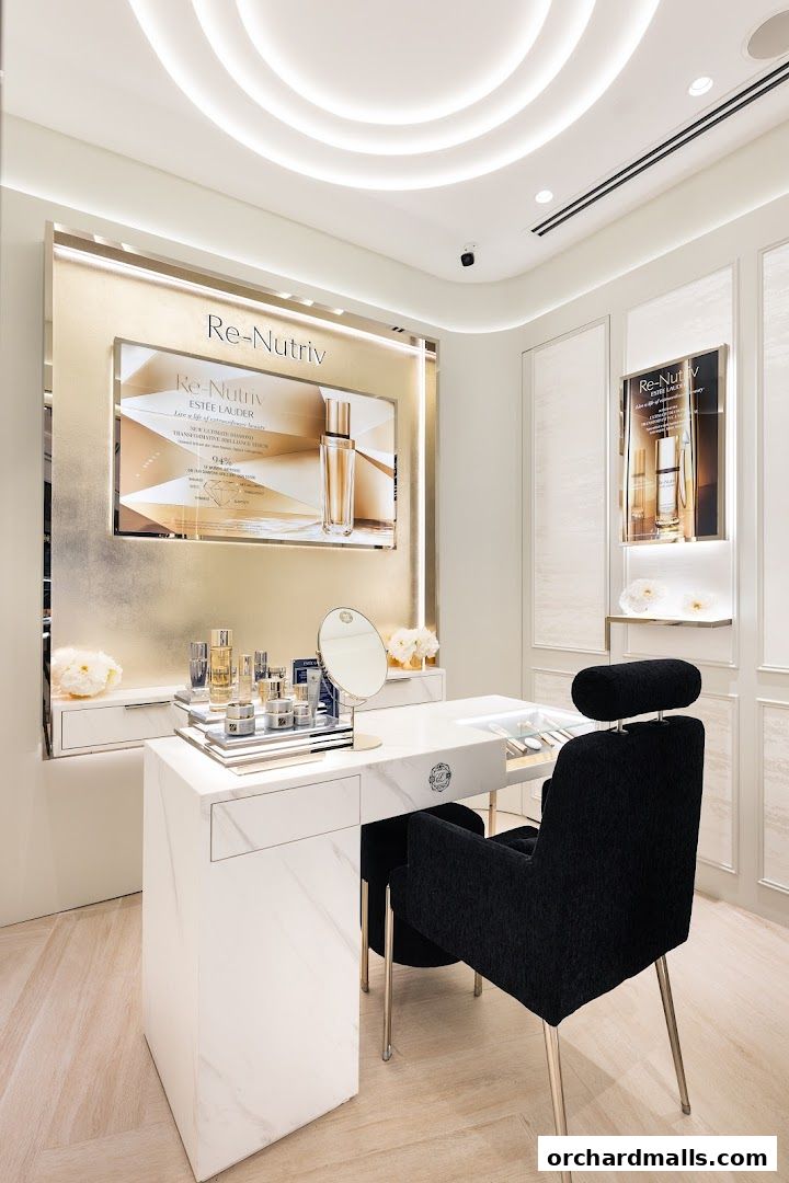 Estée Lauder Re-Nutriv display with skincare products and a consultation chair.