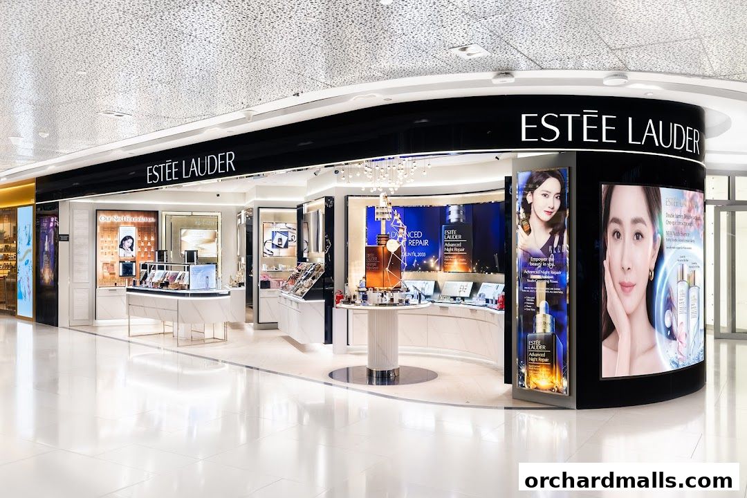 Estée Lauder store interior showcasing skincare products and promotional displays.