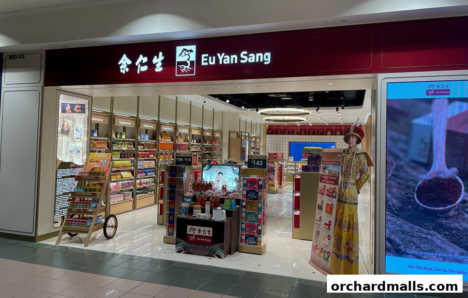 Eu Yan Sang shop front with traditional Chinese medicine products and displays.
