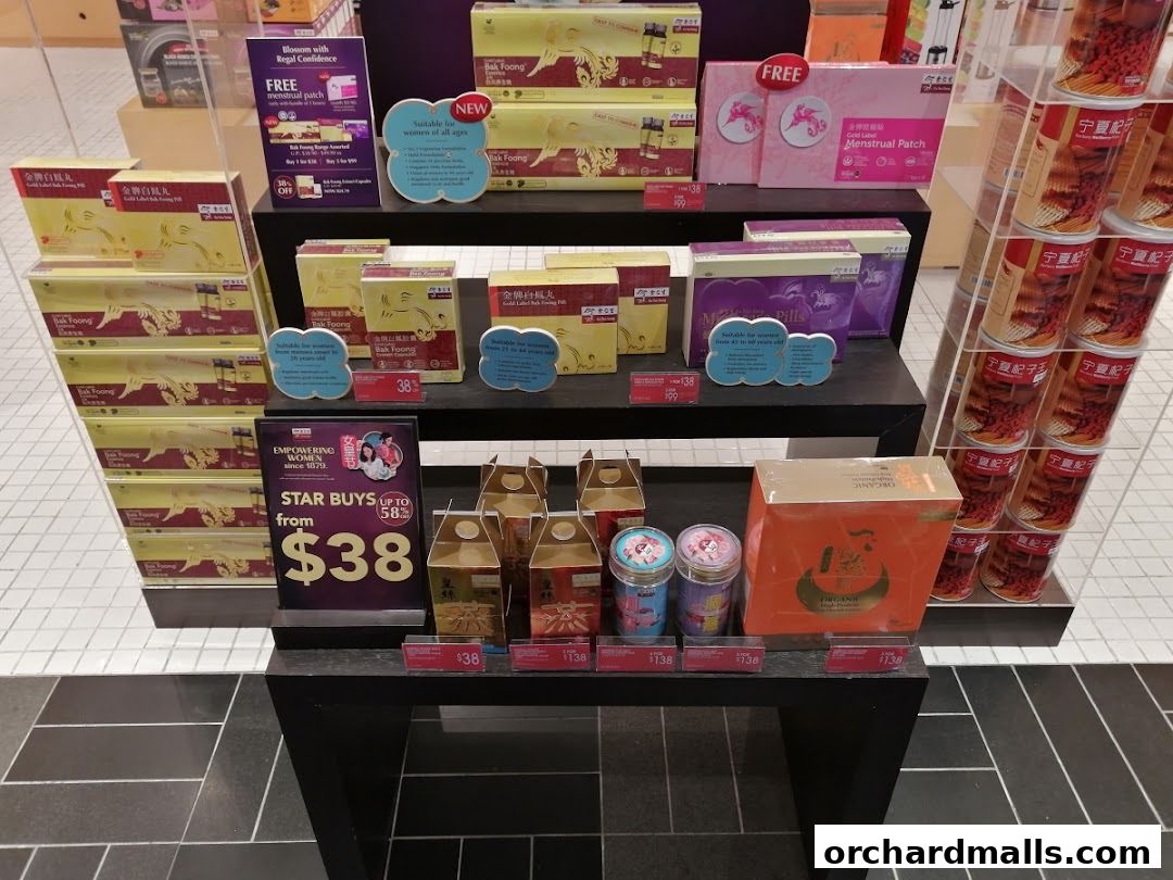 A display of various health products and supplements from Eu Yan Sang, featuring promotions.