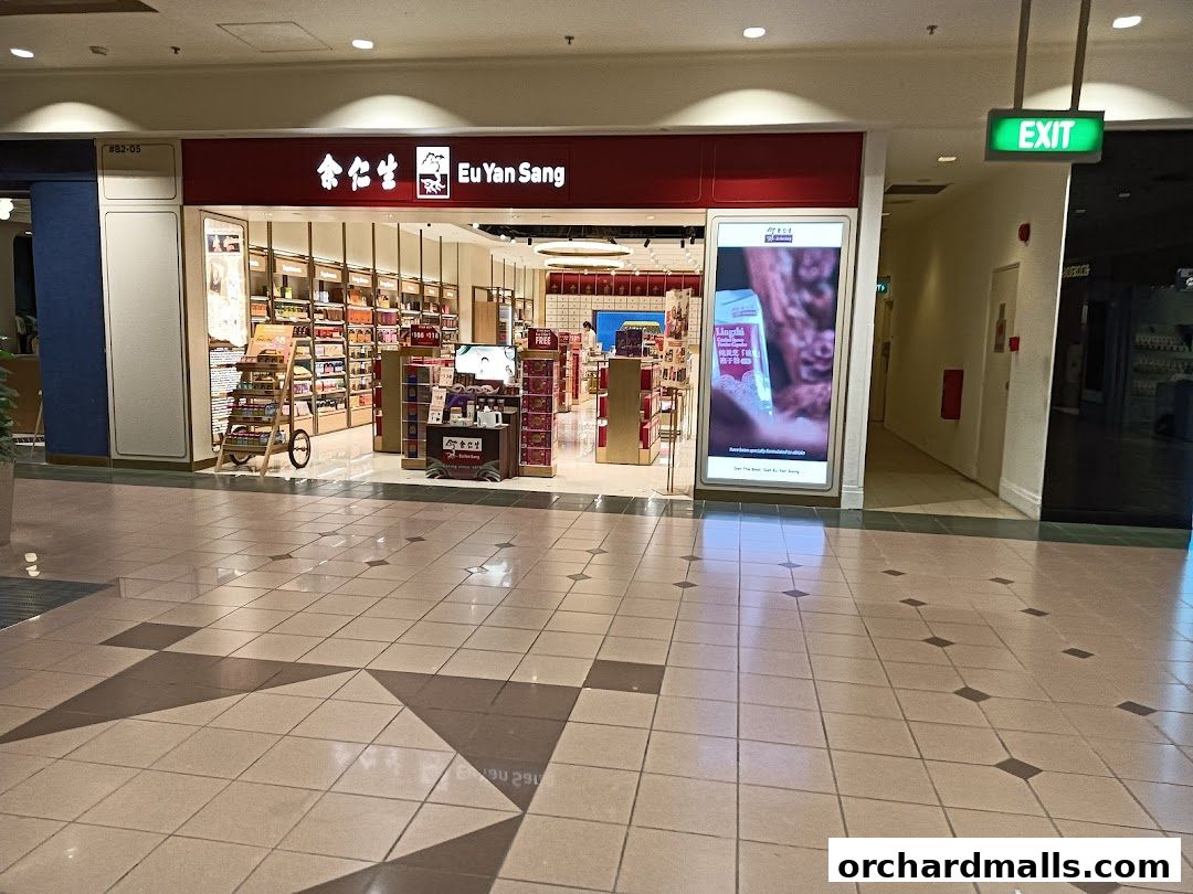 The exterior of a Eu Yan Sang shop, showcasing traditional Chinese medicine products.