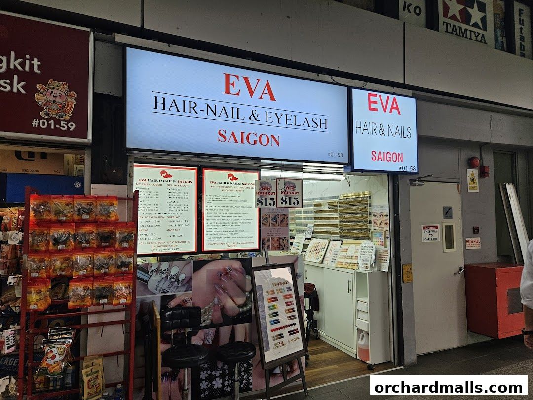 Eva Hair & Nails Saigon shop front with services and products displayed.