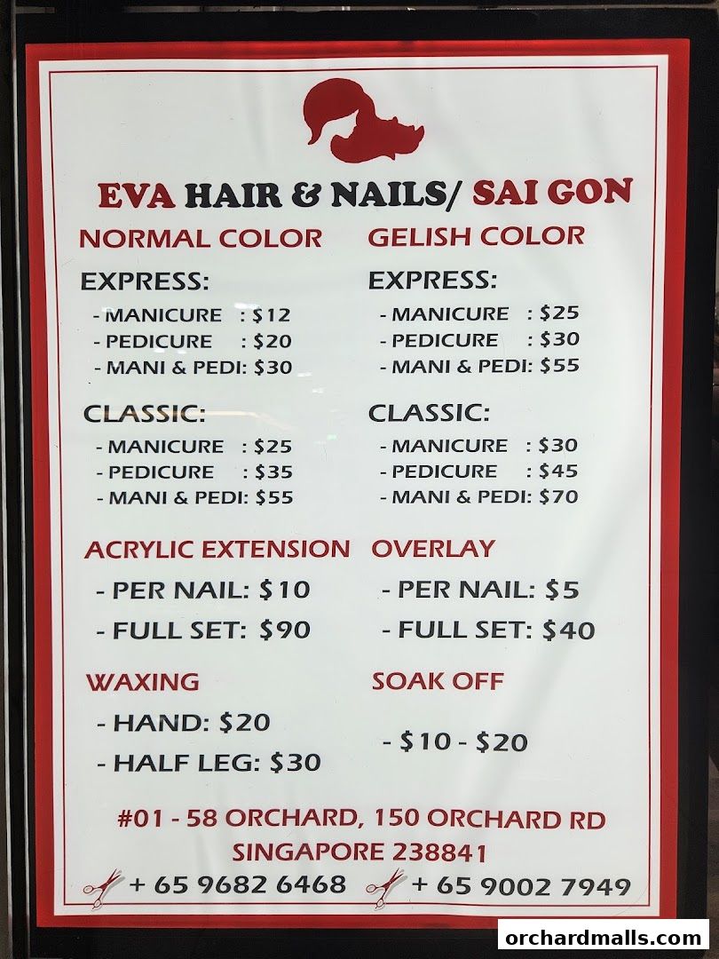 A price list for Eva Hair & Nails Saigon, detailing services and prices.