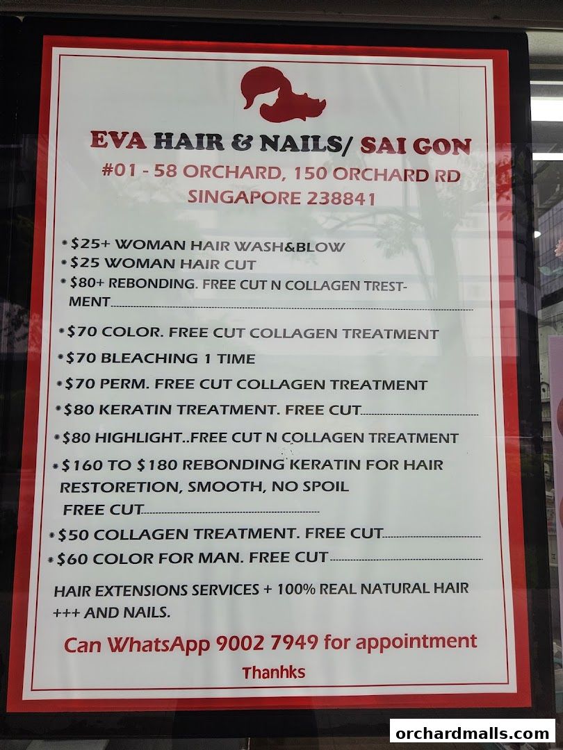 A price list for Eva Hair & Nails Saigon, detailing various hair and nail services and their costs.