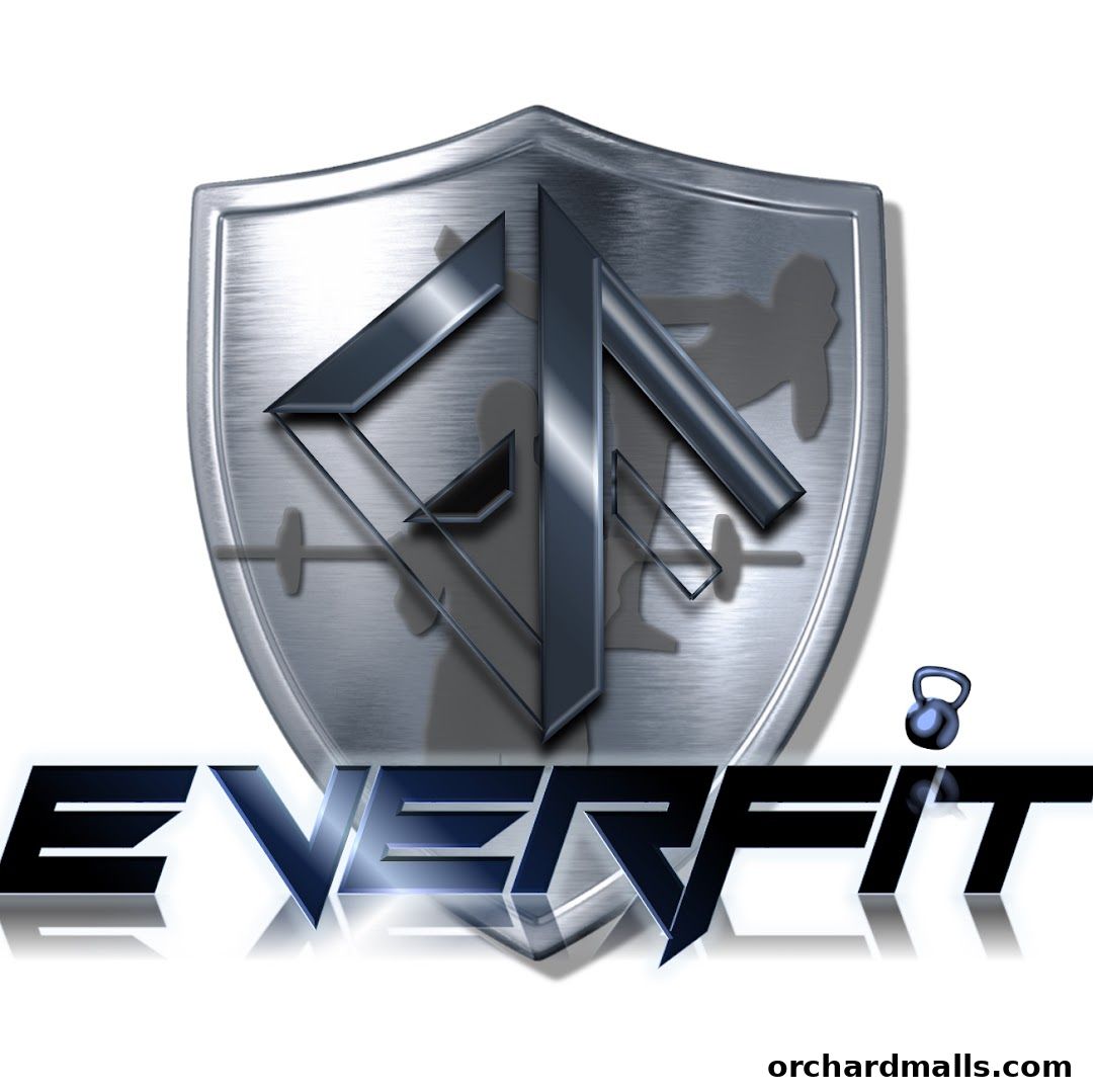 The EVERFIT SINGAPORE logo features a metallic shield with abstract design and fitness silhouettes.