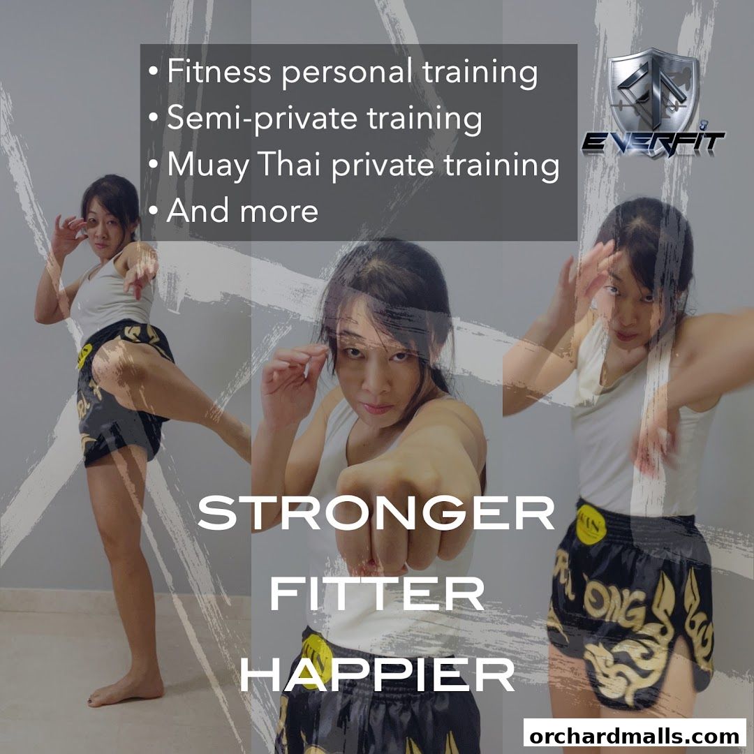 Collage of a woman demonstrating Muay Thai, promoting fitness training services.