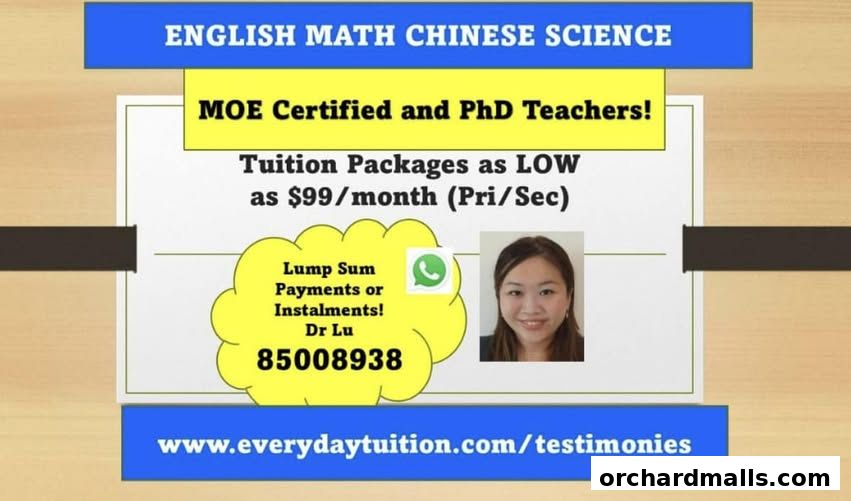 Advertisement for Everyday Tuition offering English, Math, Chinese, and Science lessons.