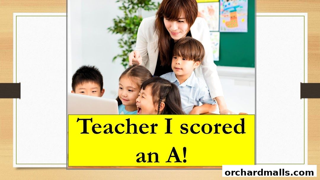 A teacher and students looking at a laptop with the text 'Teacher I scored an A!'