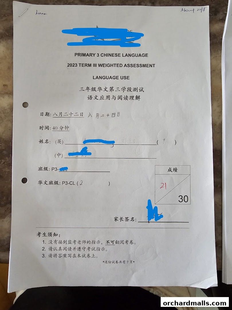 A Primary 3 Chinese Language assessment paper with student details and scores.