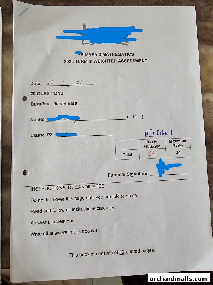 A Primary 3 Mathematics weighted assessment paper with student and parent signatures.