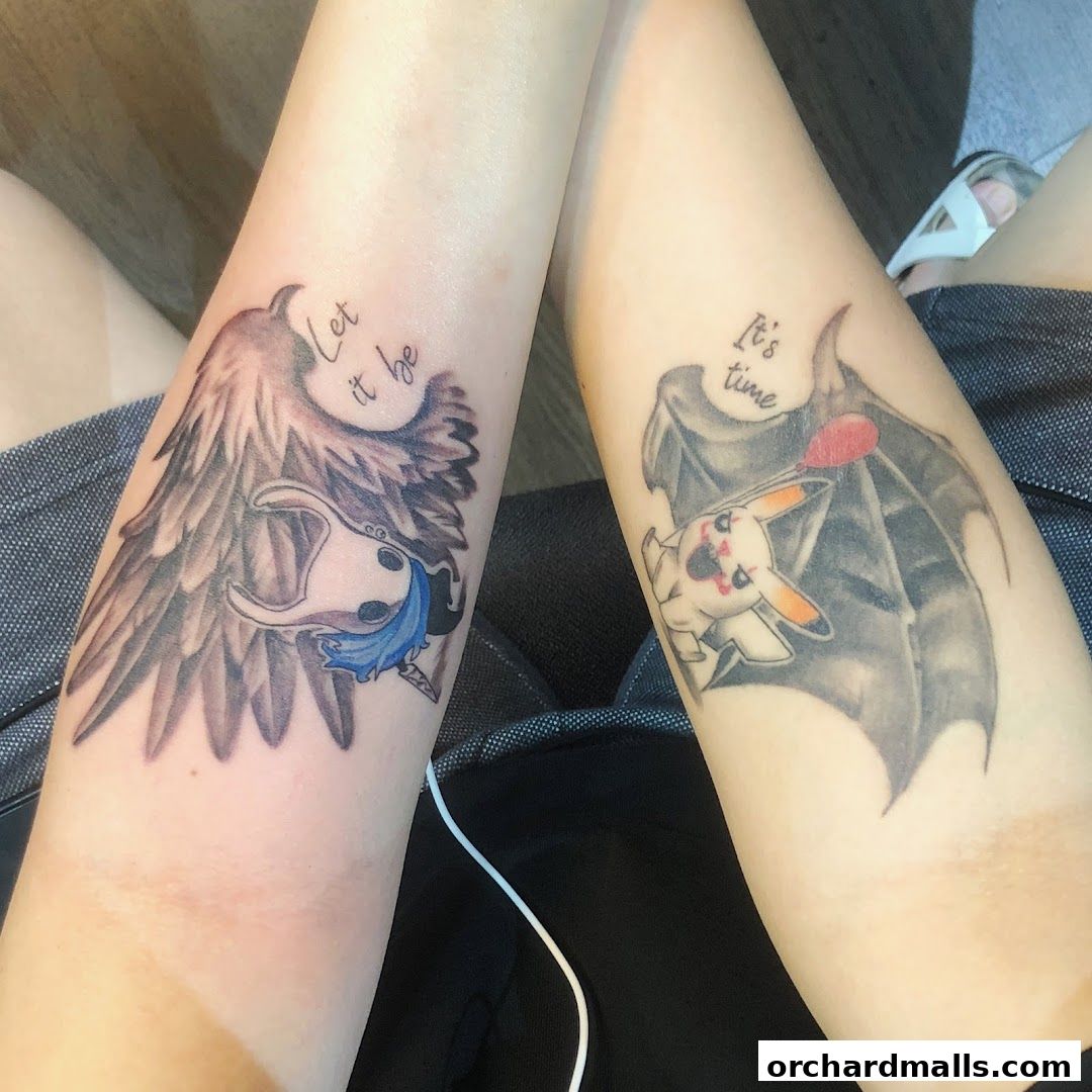 Two arms displaying unique tattoos: one with wings and a character, the other with a bat-like figure and Pikachu.