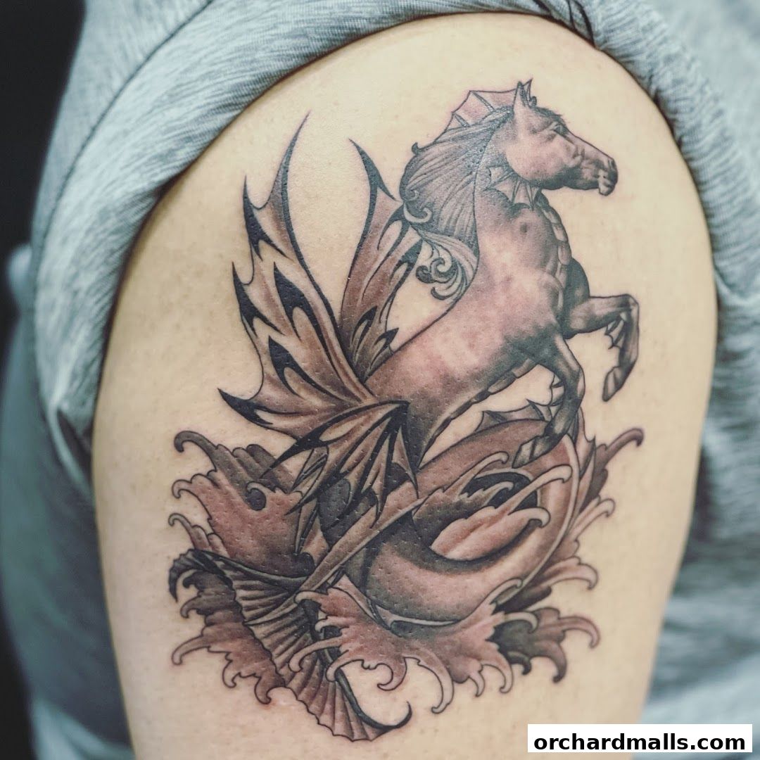 A detailed tattoo of a winged horse emerging from waves on a person's arm.