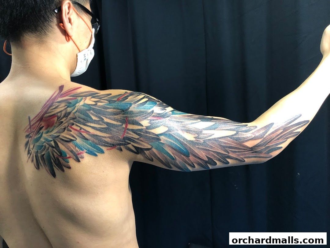 A person displays a colorful, detailed wing tattoo on their back and arm.
