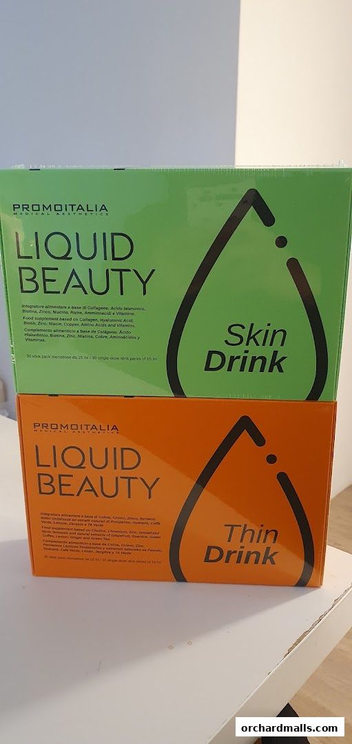 Two boxes of 'Liquid Beauty' supplements, one for skin and one for thin drink.