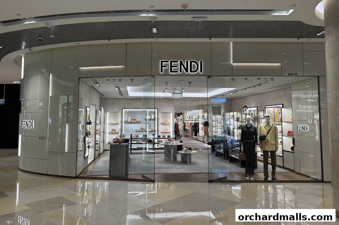 The Fendi Singapore Ion store features a modern, spacious interior with displays of handbags and apparel.
