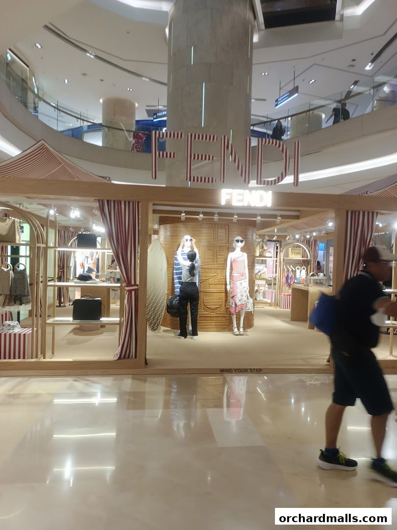 Fendi store interior with mannequins displaying fashion items and branded signage.