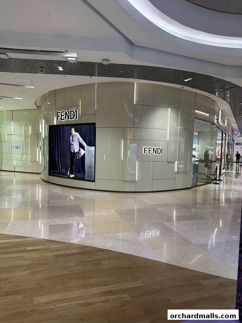 The Fendi store entrance features a modern, curved facade with illuminated signage and a mannequin display.