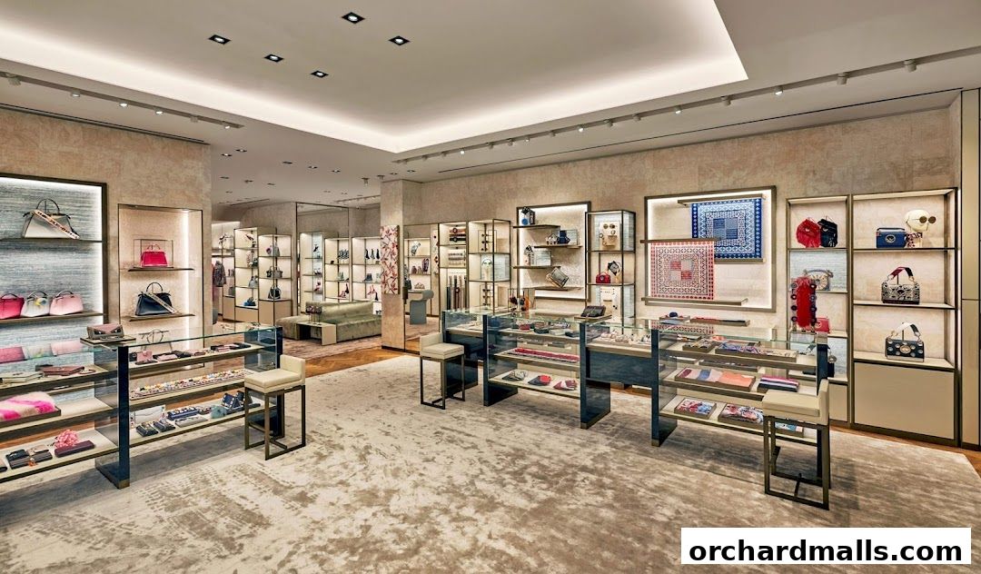 Interior view of a luxury Fendi store showcasing handbags, scarves, and accessories on display.