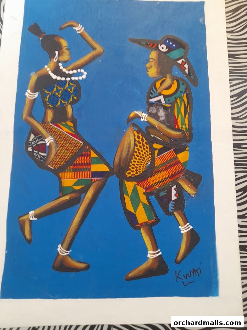 Vibrant painting of two figures in traditional African attire dancing and playing drums.