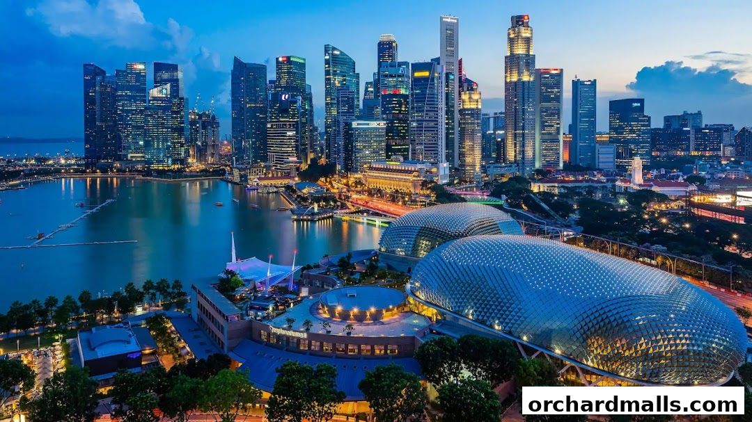 Panoramic view of Singapore's Marina Bay skyline at dusk with illuminated skyscrapers and buildings.