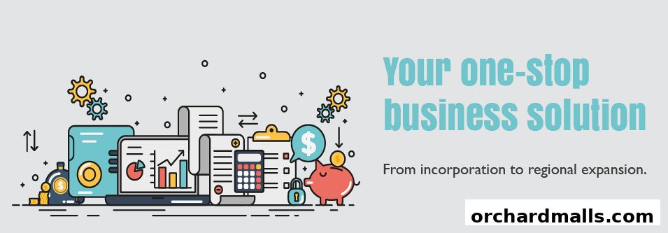 Illustration of business and financial tools, with text about business solutions.