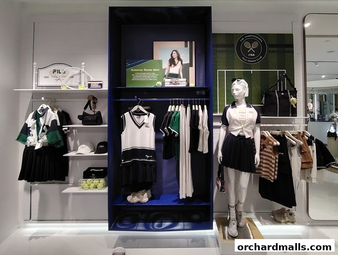 FILA store display featuring tennis apparel, a mannequin, and accessories.
