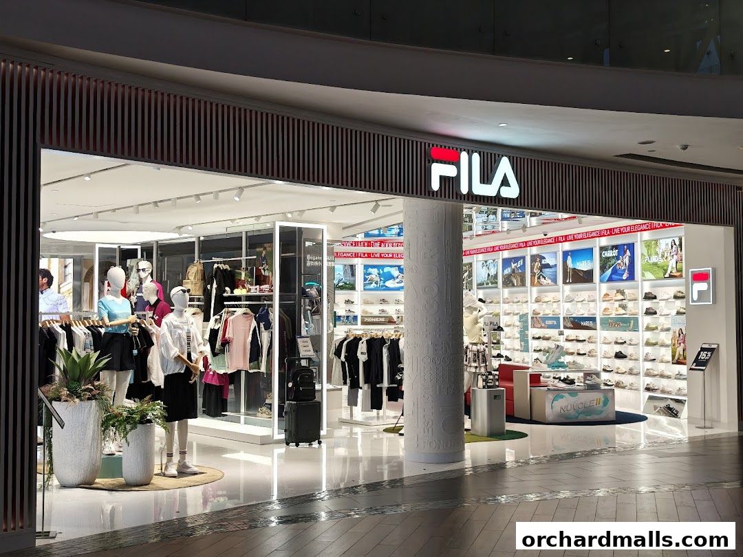 The FILA store features a modern facade with clothing and footwear displays, and prominent branding.