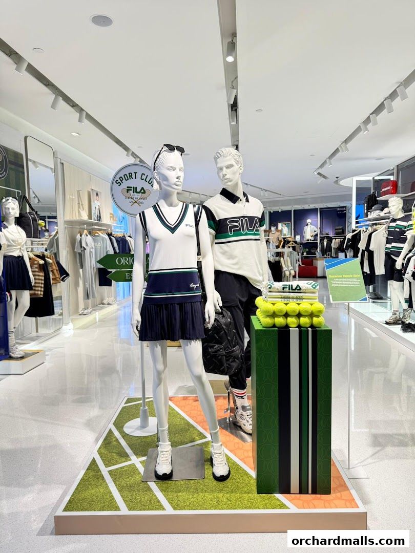 Mannequins dressed in Fila sportswear are displayed in a brightly lit retail store.