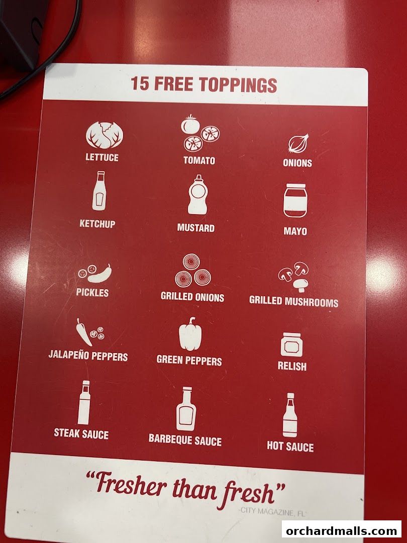 A sign listing 15 free toppings available at Five Guys, with illustrations.