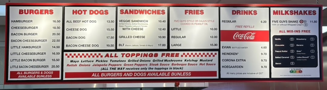 Menu page for Five Guys ION Mall