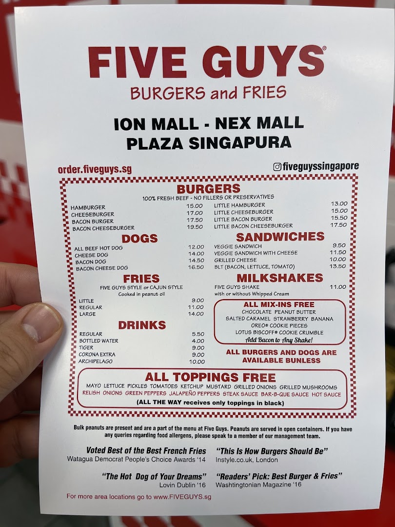 Menu page for Five Guys ION Mall