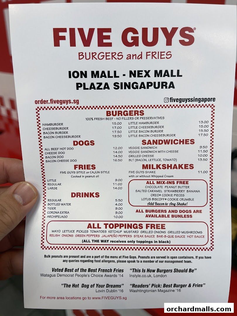A Five Guys menu featuring burgers, hot dogs, fries, drinks, and milkshakes with prices.