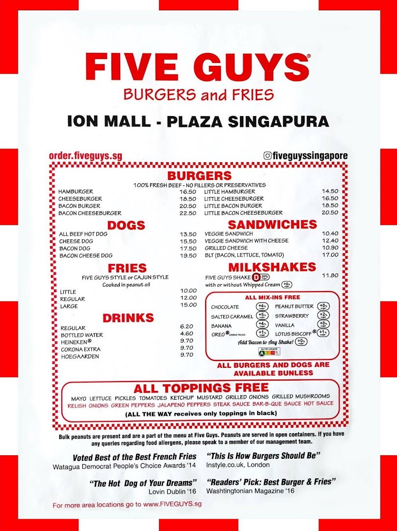 Menu page for Five Guys ION Mall