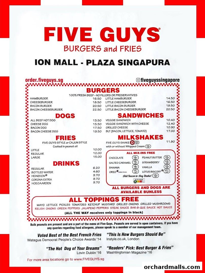 A menu from Five Guys at ION Mall, featuring burgers, hot dogs, fries, drinks, and milkshakes.