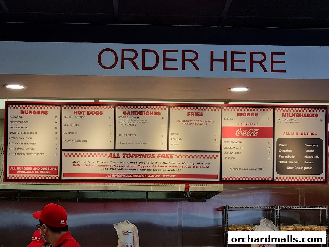 A menu board for Five Guys featuring burgers, hot dogs, sandwiches, fries, drinks, and milkshakes.