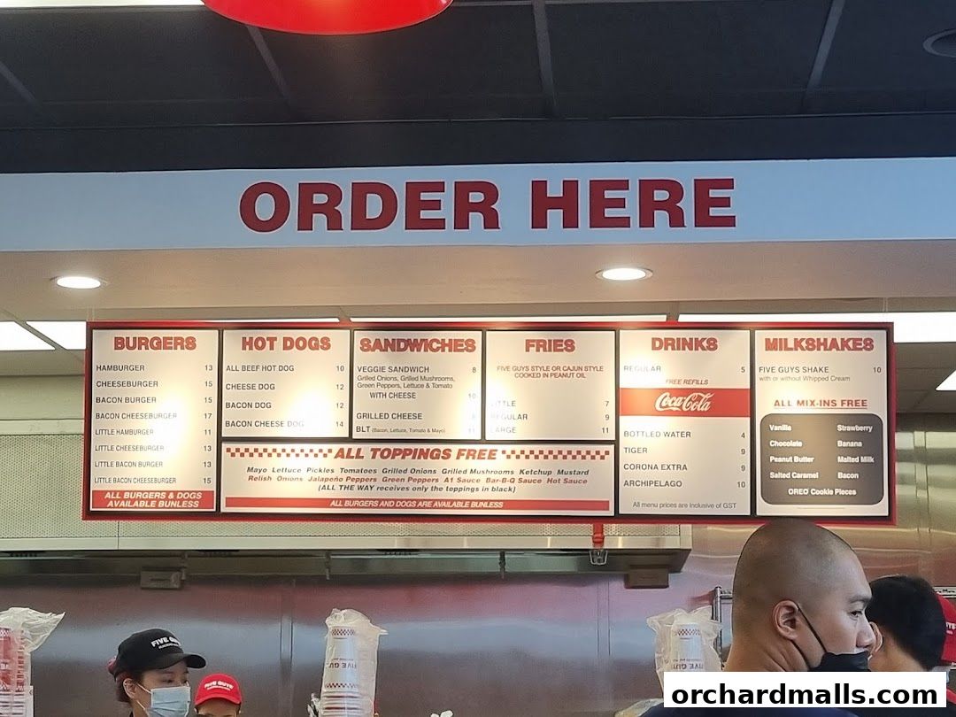 A menu board for Five Guys featuring burgers, hot dogs, sandwiches, fries, drinks, and milkshakes.