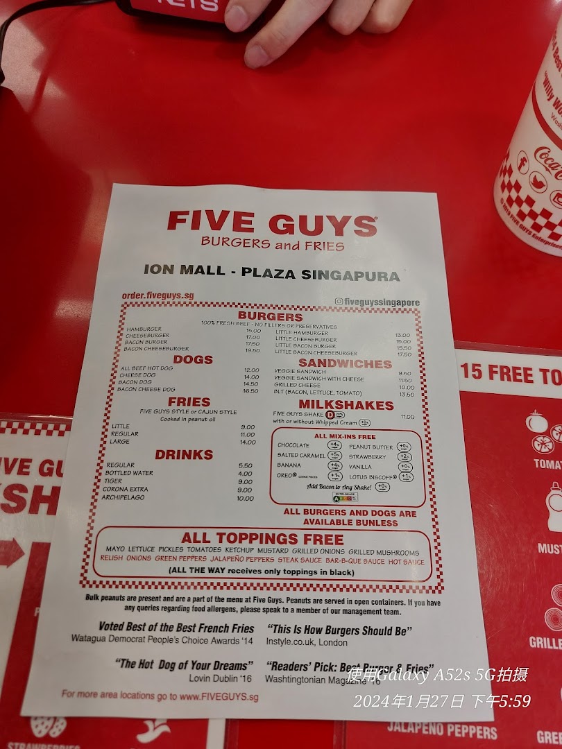 Menu page for Five Guys ION Mall