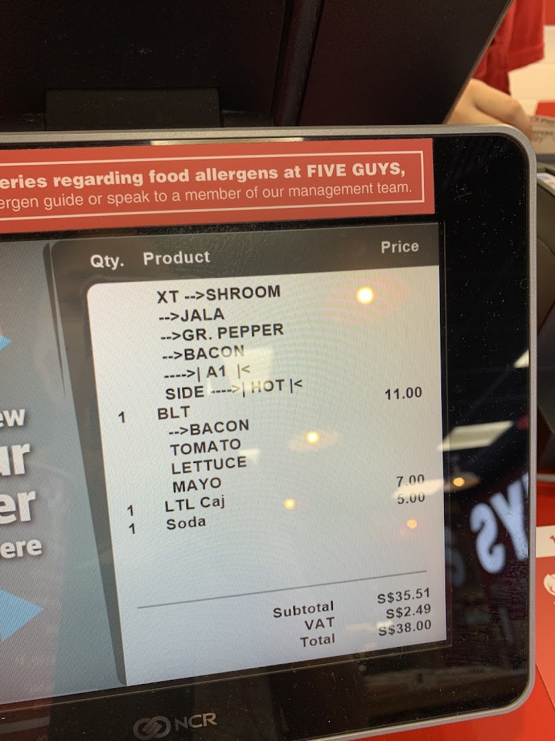 Menu page for Five Guys ION Mall