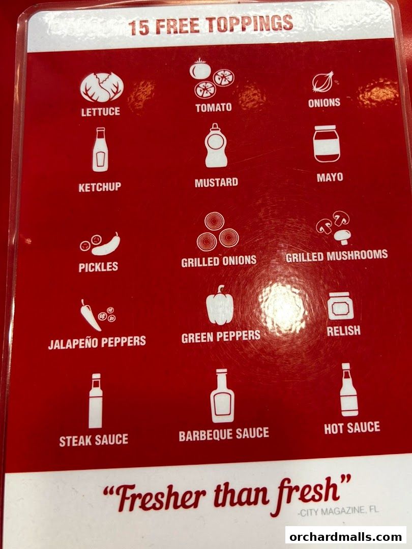 A menu board showcasing 15 free toppings offered by Five Guys.
