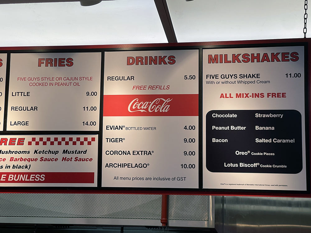 Menu page for Five Guys ION Mall