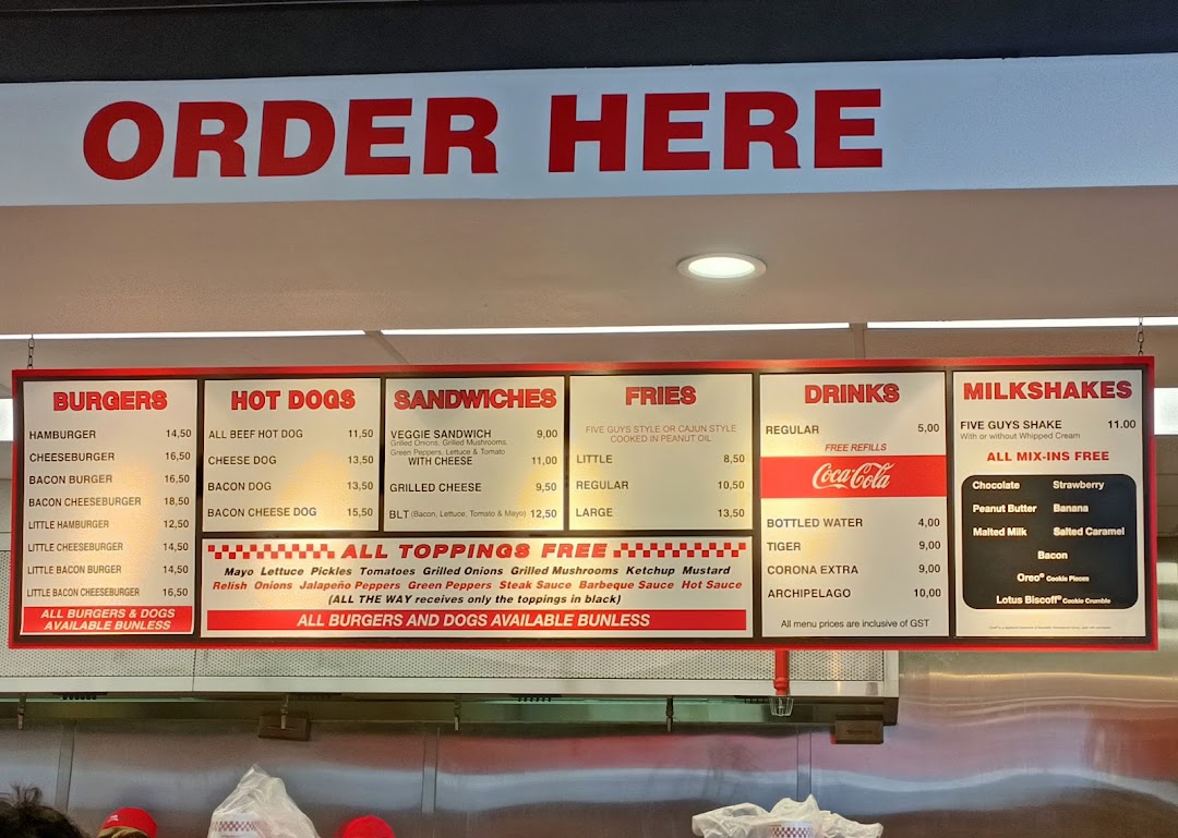 Menu page for Five Guys ION Mall