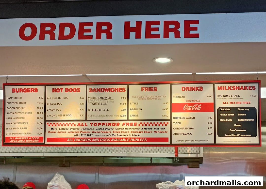 A menu board displaying burgers, hot dogs, sandwiches, fries, drinks, and milkshakes with prices.