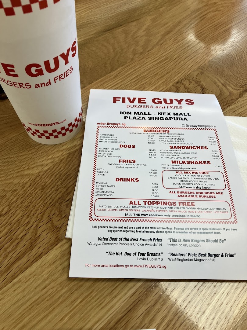 Menu page for Five Guys ION Mall