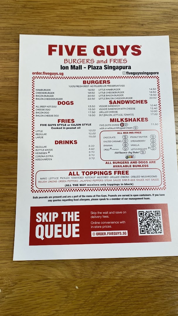 Menu page for Five Guys ION Mall