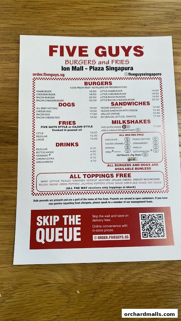 A menu from Five Guys Burgers and Fries at ION Mall, Plaza Singapura.